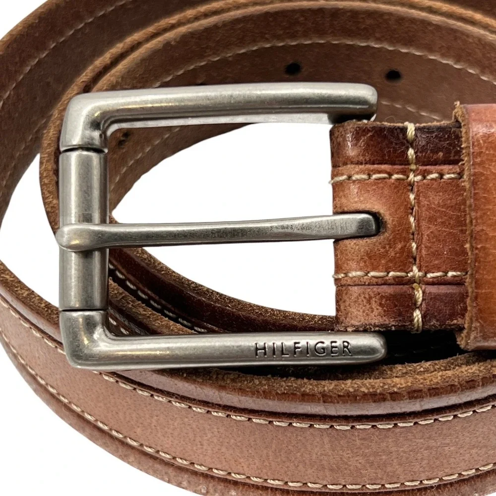 Tommy Hilfiger Leather Belt XL Brown Contrast Stitch Rugged Americana Preppy